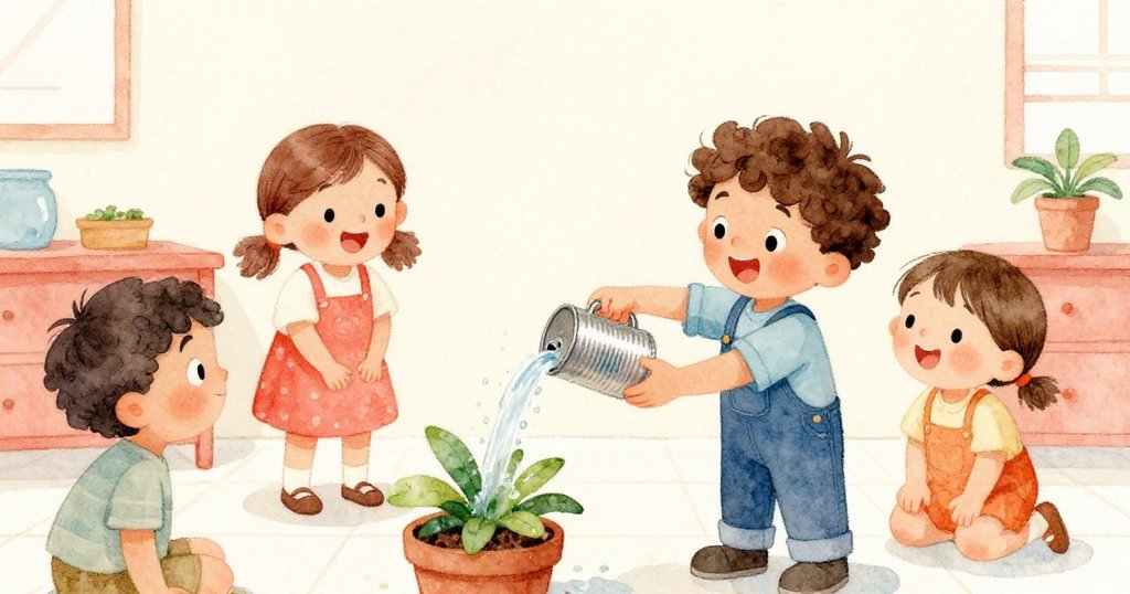 Milo在室內打開金屬罐，水流灑向綠色植物，植物葉子隨水花舞動，Milo笑容滿足，氛圍溫馨愉悅。