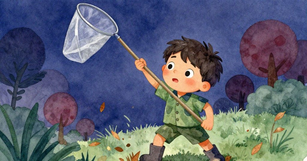 Leo專注地舉起長網,靴下幾片枯葉發出清脆聲,臉上充滿堅定與好奇,情感表露無遺。