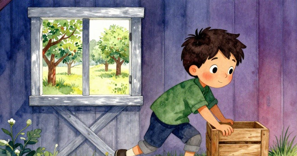 Leo拉著小箱子並爬上去,透過鄉村舊窗看見繁盛果園,展現冒險精神與熱切期待。