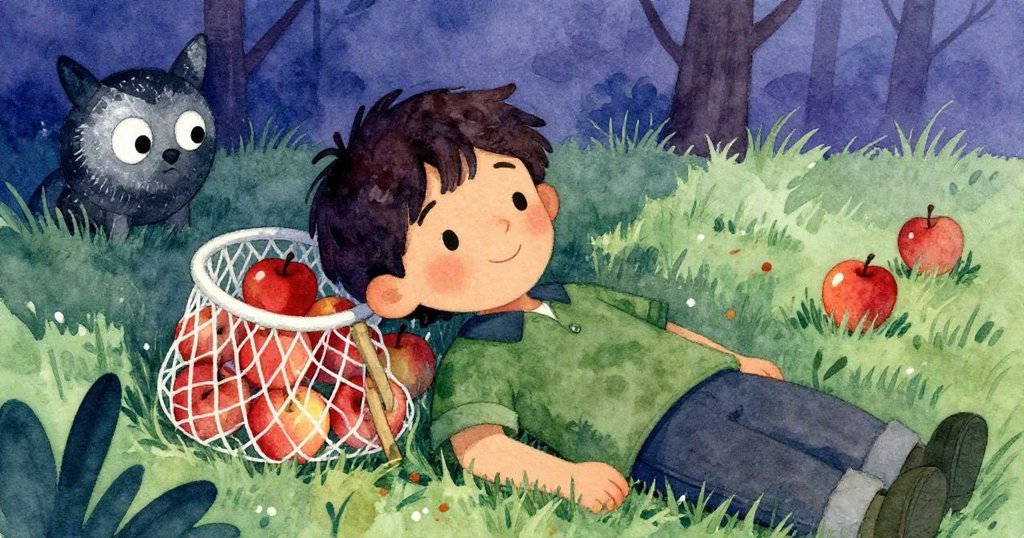 豐收後的Leo坐在田野中,滿載蘋果的網旁帶著溫柔微笑,流露滿足與安靜休憩的心情。