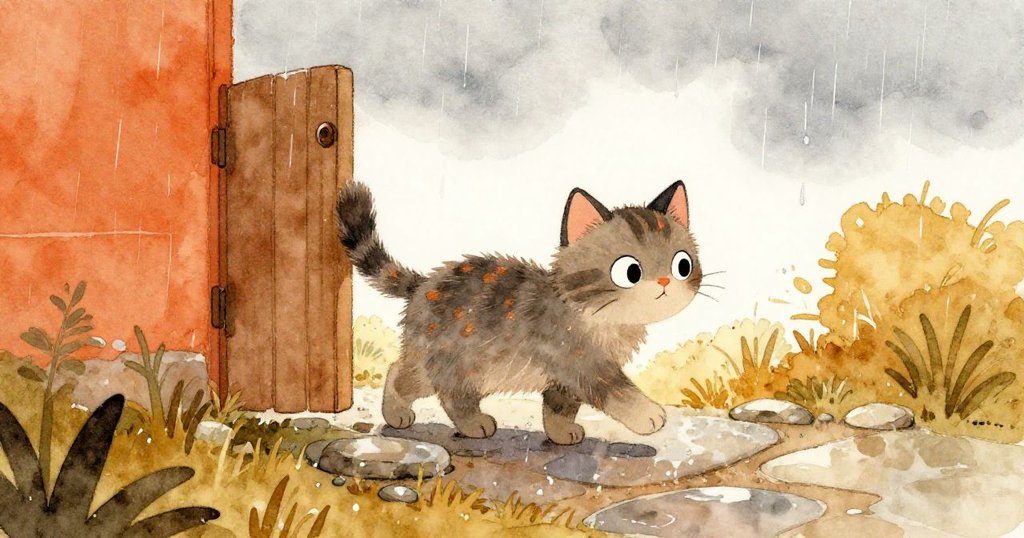 小貓在灰色天空下走出門外,輕柔雨滴灑落在石頭上,神情平靜,開啟孤獨而寧靜的旅程。