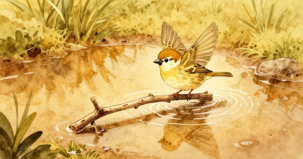 小麻雀降落在漂浮的細木棍上,從高處俯瞰積水形成小橋,雨滴激起微波,景象詩意而生動。