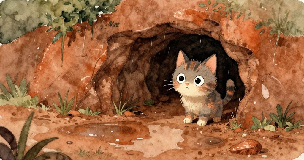 小貓望向隱藏在積水之外的乾燥台階,發現秘密空間,眼神充滿期待與謹慎,雨後景致中透出一絲溫暖。