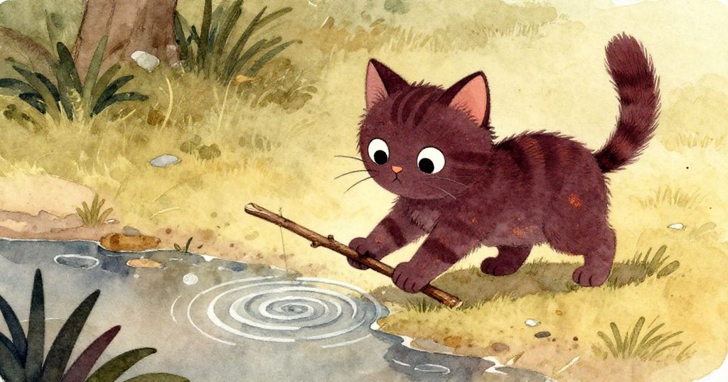 小貓輕推細木棍架成小橋,面露猶豫與決心,水面激起微波,展現抉擇時刻的勇氣與謹慎。