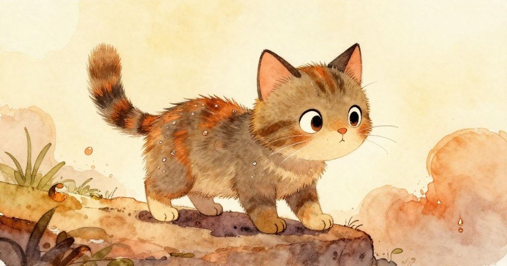 小貓終於踏上乾燥台階,毛皮上滴著水珠,臉上流露出釋然與沉思,雨後陽光帶來溫暖與平靜。