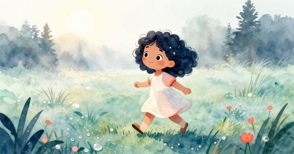 Mia 穿著輕便衣服在翠綠草地上行走，晨霧環繞，陽光溫柔，表情平靜，展現故事啟程的寧靜美景。