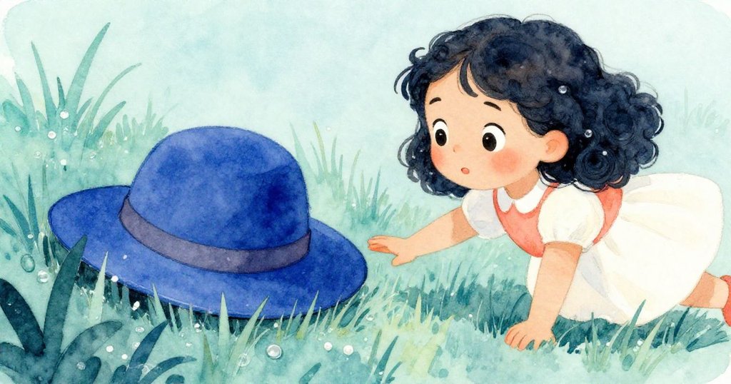 Mia 近距離注視著青草上放著的鮮亮藍帽，眼中充滿好奇與期待，展現探索故事的溫暖瞬間。