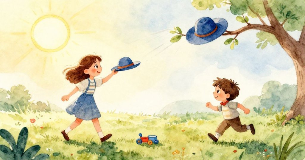 從高處俯視，一頂鮮藍的帽子被輕風送上樹枝，隨著搖曳的樹葉透出斑駁光影，呈現故事動感轉折。