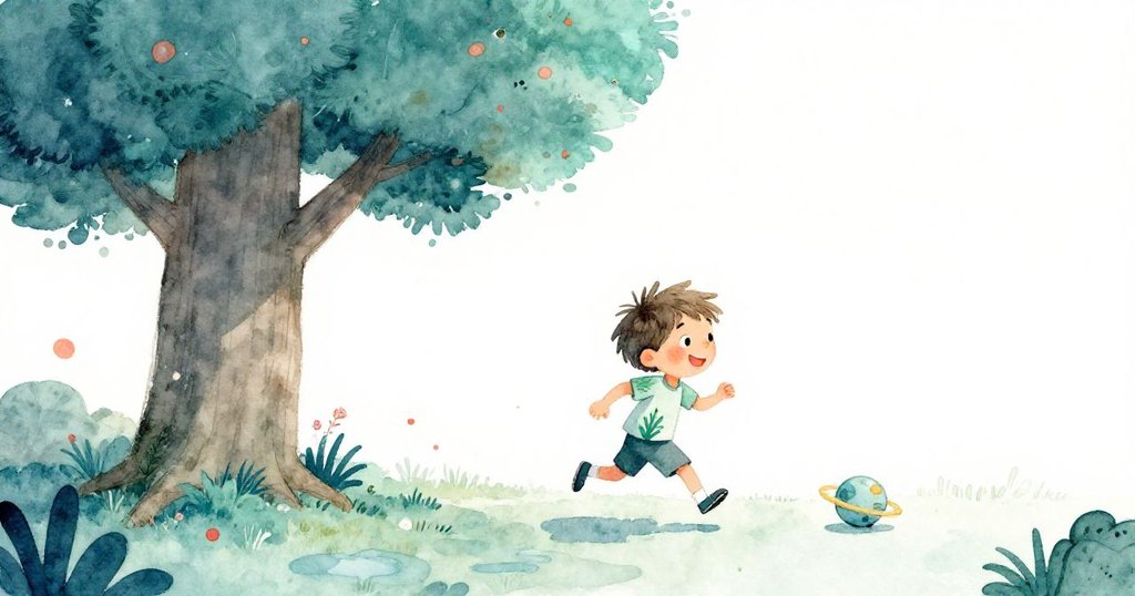 Luca 充滿活力地奔向大樹，旁邊一顆小玩具星球輕輕滾動，樹下出現細小水坑，展現故事進展的熱情氛圍。