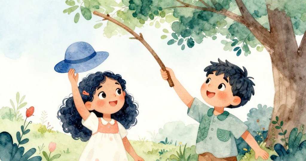 Luca 舉著長棍，Mia 細心指揮棍子穿過綠葉，藍帽慢慢滑下，展現出兩人合作解決困難的溫馨互動。