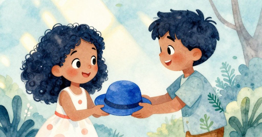 Luca 小心翼翼地將藍帽遞給 Mia，Mia 露出欣喜笑容，溫暖陽光下樹蔭中完成了故事中真摯交換的美好時刻。