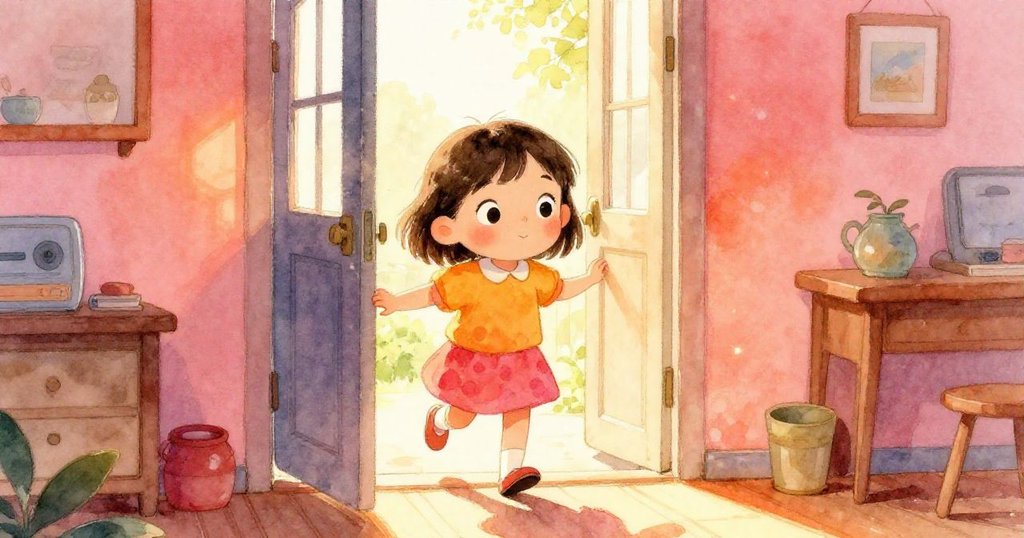 Lena穿過明亮房門進入溫暖客廳，臉上展現期待與喜悅，陽光灑入照亮家中細緻環境，開始新一天的冒險。