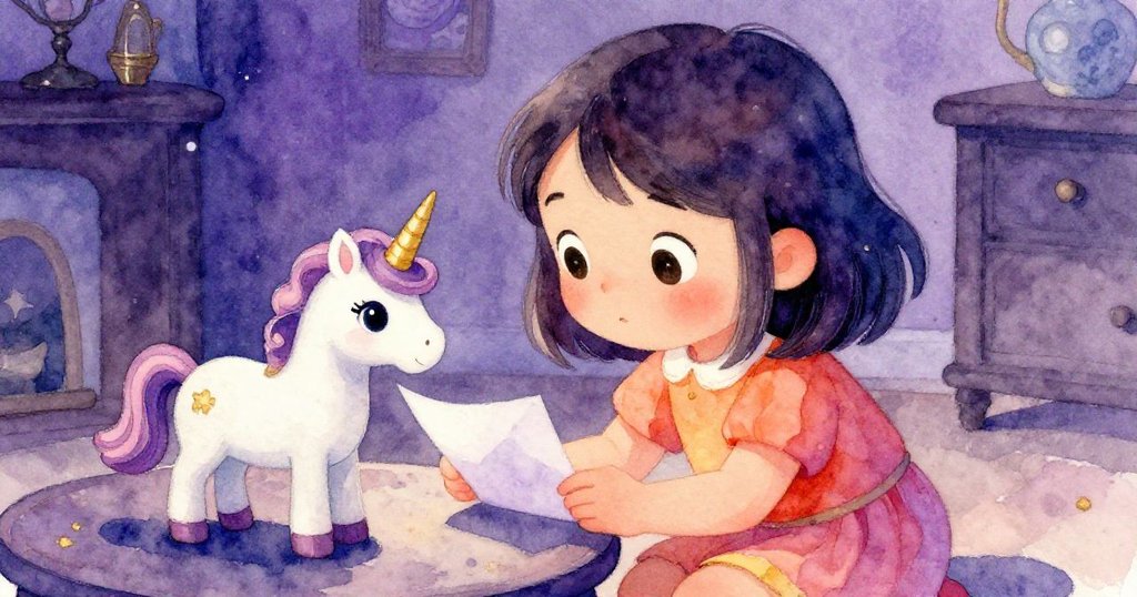 Lena蹲下仔細觀看桌上獨角獸與心願紙，眼中充滿驚奇與柔情，細緻物品暗示著神秘且溫暖的家庭故事。