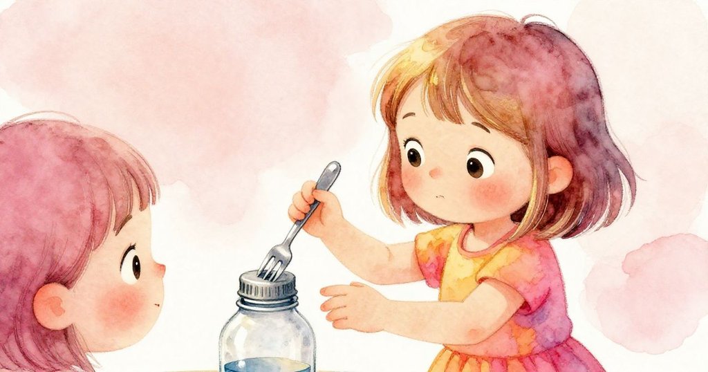 Lena從背後專注用叉敲擊水瓶蓋，手部清晰呈現好奇與堅定情感，溫馨室內背景襯托出家庭探索氛圍。