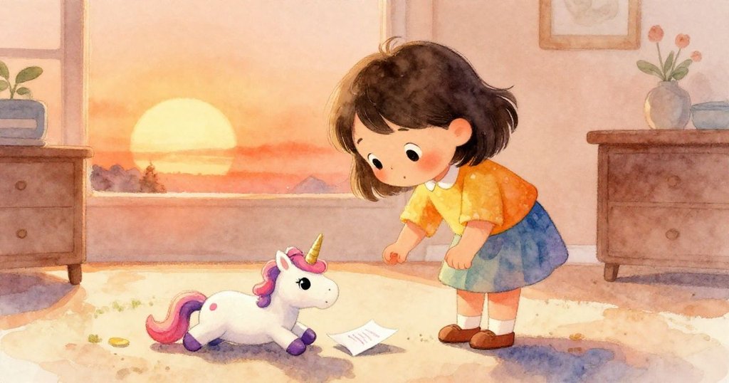 Lena彎腰撿起鞋邊獨角獸，發現其下心願紙，晨光映入，臉上流露出驚喜與溫馨情感，展現奇妙發現。