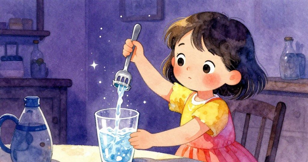 Lena活力十足地用叉敲擊水瓶蓋，清水流入玻璃杯中，動作靈活迅速，展現家庭環境中充滿活力的探索精神。