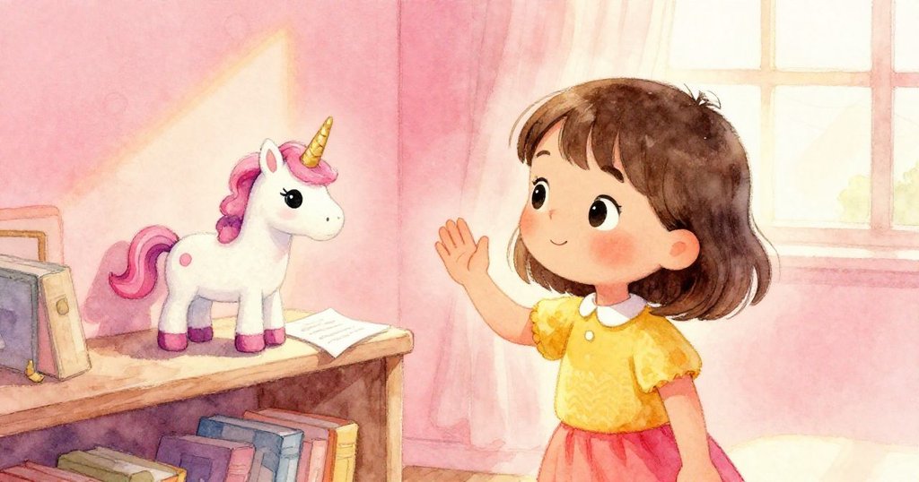 Lena滿意地將獨角獸與心願紙放上書架，臉上帶著微笑向溫暖房間揮手告別，結束了一段奇妙且溫馨的家庭冒險。