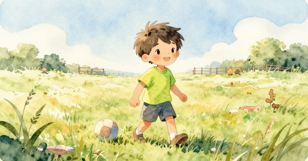 小男孩本在明亮午後走進綠草地，陽光灑落，球靜靜等待，臉上充滿期待與喜悅。