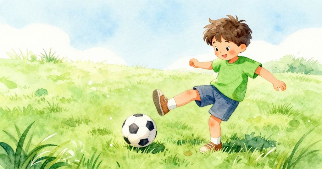 本用力踢出柔軟球，腳步踏過露珠草地，充滿動感與活力，球飛向遠方。