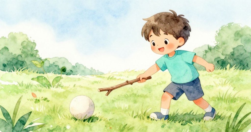 本小心推桿子，近距細看球和樹枝互動，光影交錯中展現細膩冒險情感。