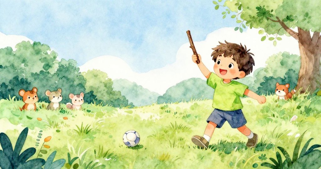 本微笑著抬起樹枝，球滾向他身旁，附近小動物隱藏草叢間，共享快樂時刻。