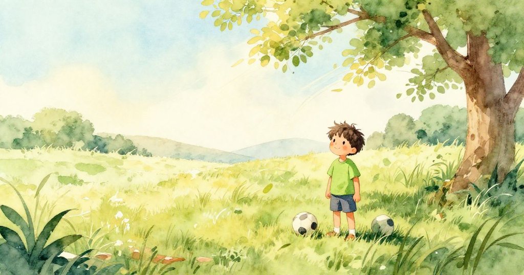 本站在廣闊草地上，球在身邊靜臥，微風輕拂高樹，溫暖午後達成冒險完結。