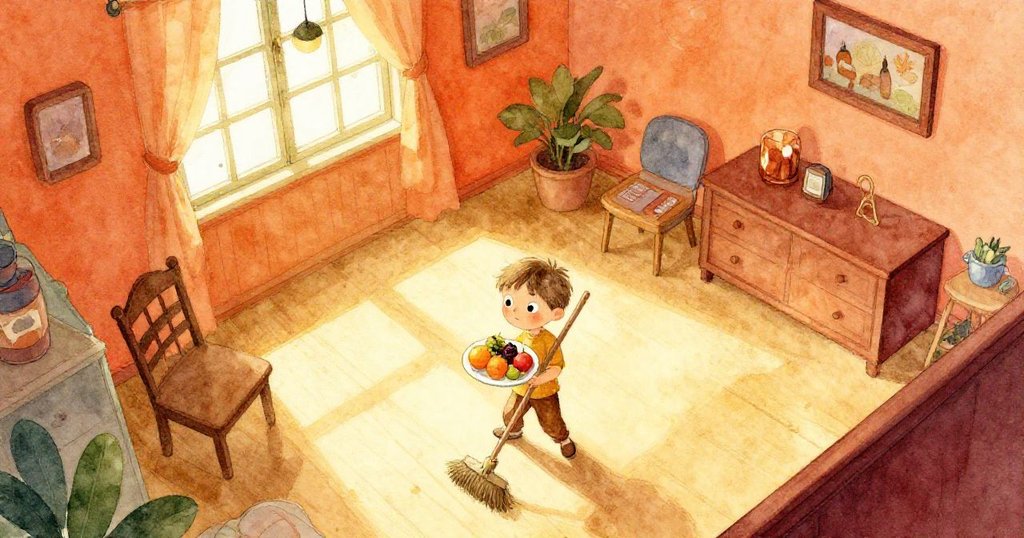 在明亮家中，Liam手持水果盤從鳥瞰視角穿越房間，旁有椅與長掃帚，流露出期待與小心情緒。