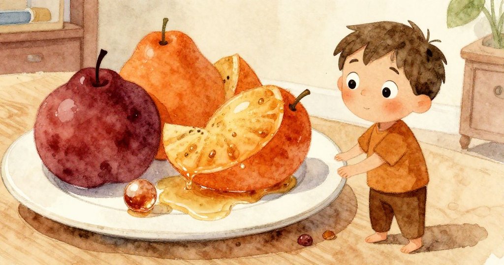 Liam手中水果盤傾斜，果汁滴落並露出閃光彈珠，畫面呈現驚訝與不穩的瞬間，細膩生動。