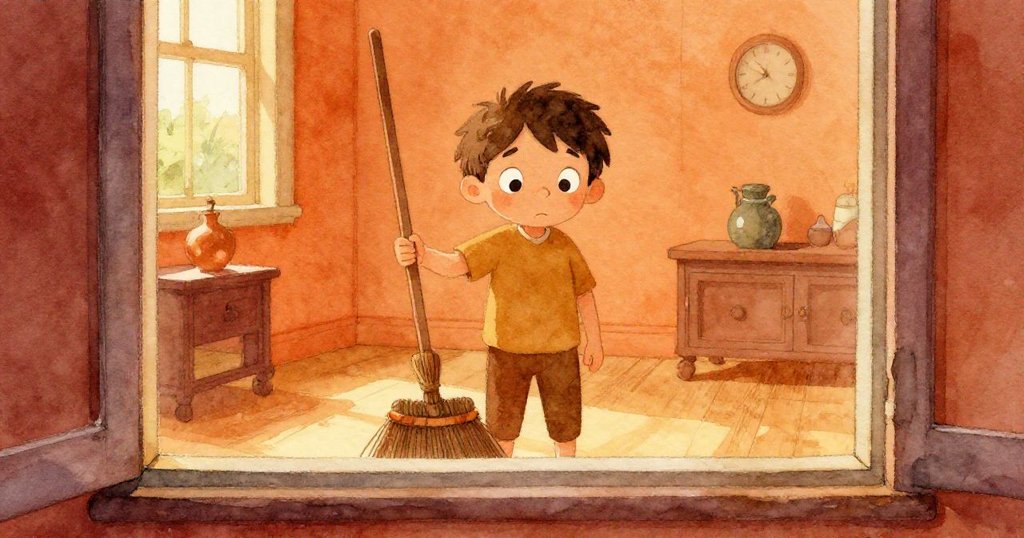 透過窗戶觀察，Liam站在長掃帚旁面露憂慮，表情凝重，室內溫暖光線映襯出內心猶豫。