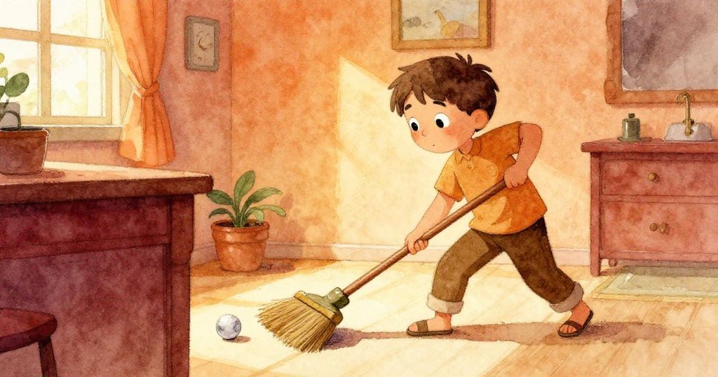 房間光影變化中，Liam果斷移動掃帚使水果盤回穩，彈珠在桌下緩緩滾動，展現靈感與勇氣。