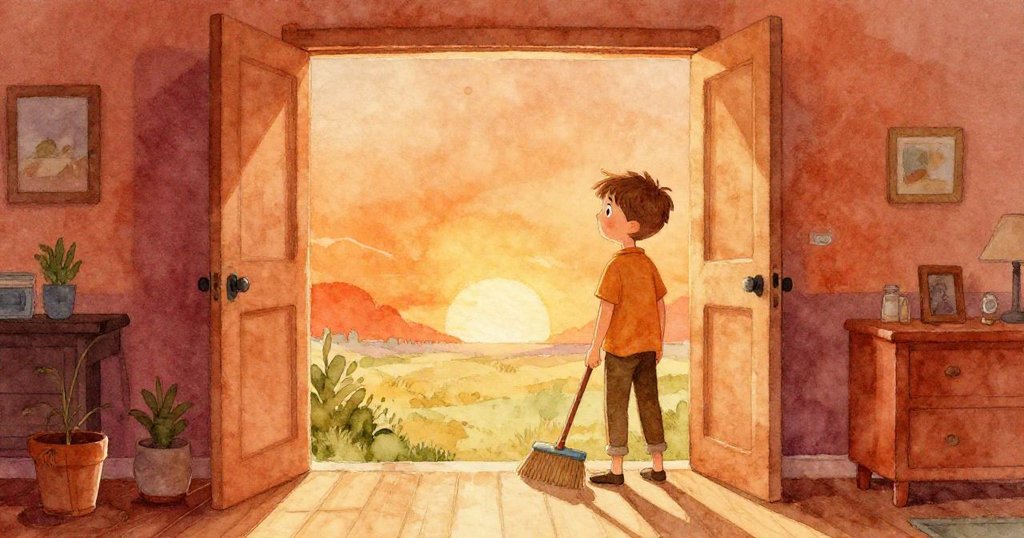 Liam站在打開的門旁，旁有掃帚，他帶著期待與勇氣望向新冒險，溫暖背景映襯出新開始的希望。