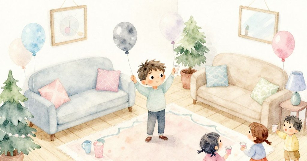 在溫暖明亮的客廳中，山姆從高處俯瞰佈置氣球與杯子，充滿期待與歡樂的家聚準備情景。