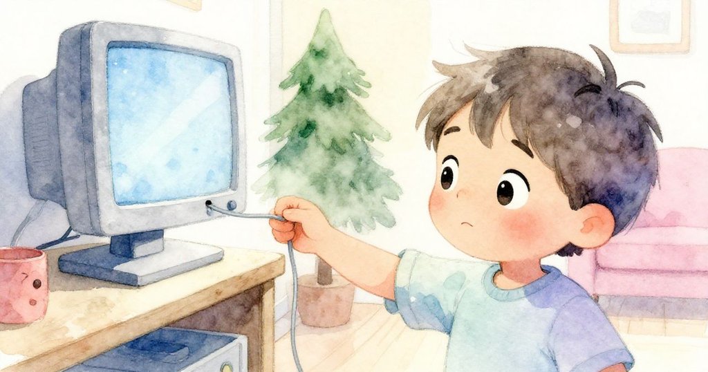 山姆專注地用手拉動電纜穿過書架洞，舊電腦螢幕細節隱現，溫馨氛圍中展示準備展示珍貴回憶。