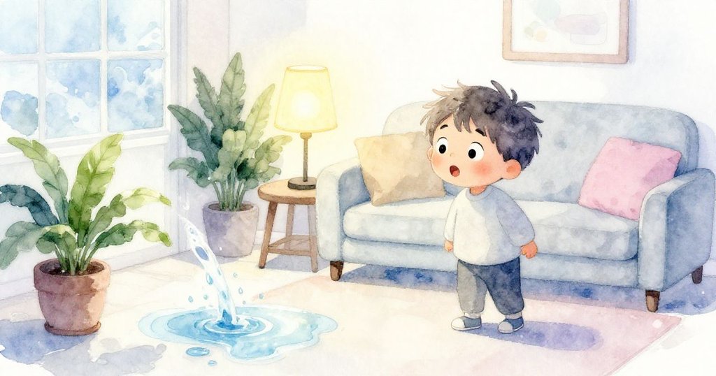 山姆驚訝地看著植物垂落碰觸電纜，水花濺起形成地板倒影，燈具閃爍營造緊張卻溫馨瞬間。