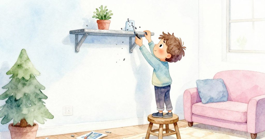 山姆專注地站在小凳上修理書架，用螺絲刀緊固螺絲，從高處展現家中溫馨修繕過程與堅定決心。