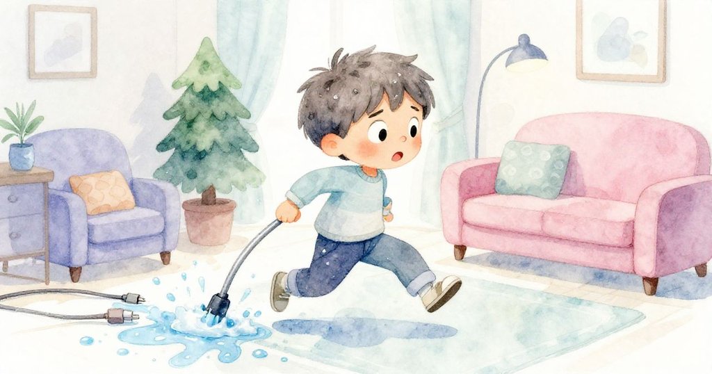 山姆急速穿越濕滑的客廳，拔電源並擦拭濺落水花，臉上流露出專注與果斷的急迫情緒。