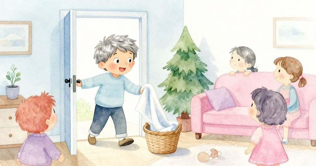 山姆滿懷笑意打開家門迎接朋友，輕鬆拋出毛巾進籃，溫暖客廳中展現歡欣與親切再聚的美好時刻。