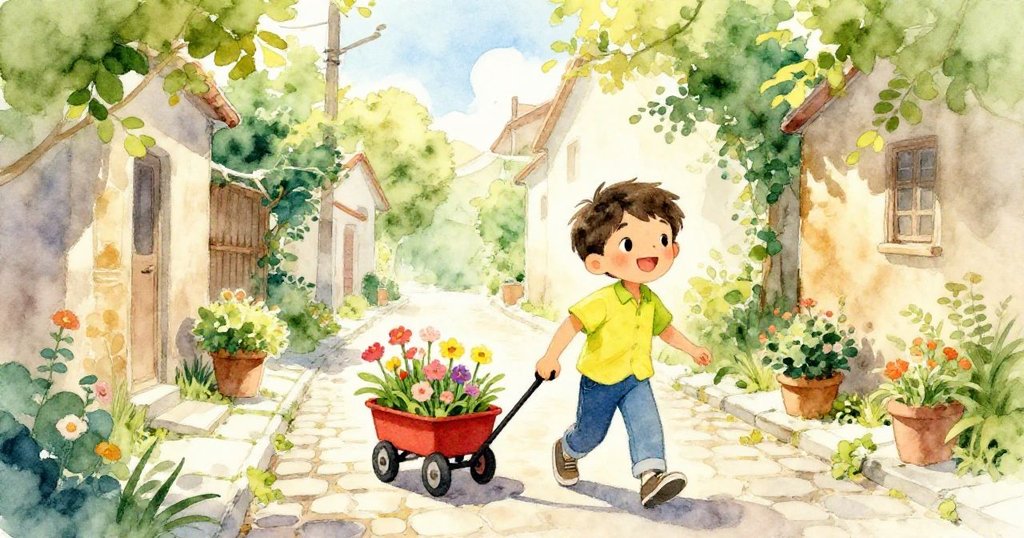 陽光灑落在狹窄石路上，Leo推著小車滿載鮮花向鄰居家前進，臉上充滿期待與喜悅，場景充滿暖意與生機。