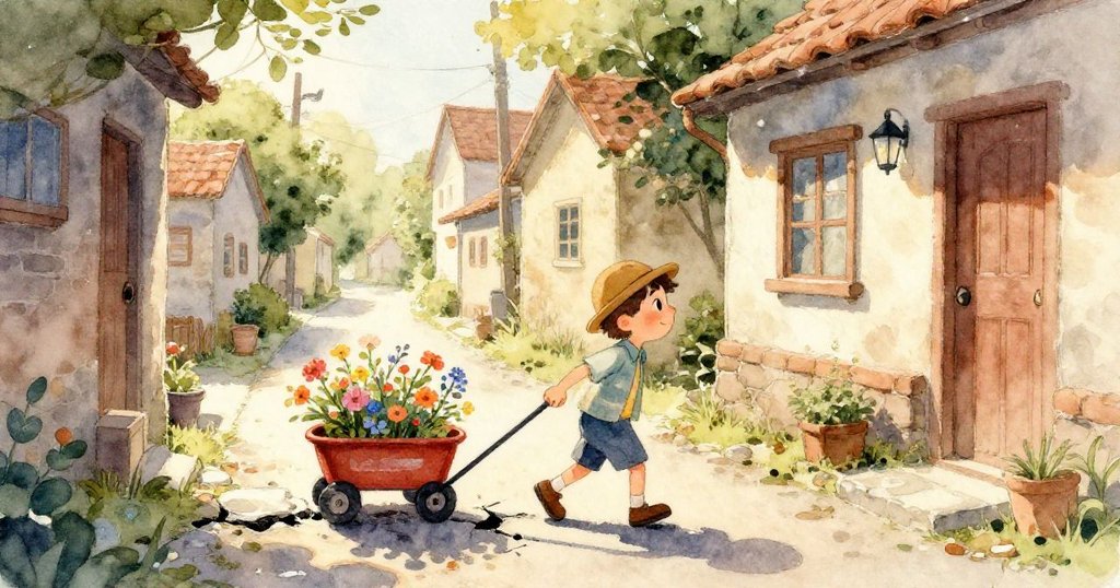 Leo驚訝注視著小車觸石激起花盆傾覆，水花四濺在舊石路上，動態細節呼應意外瞬間。