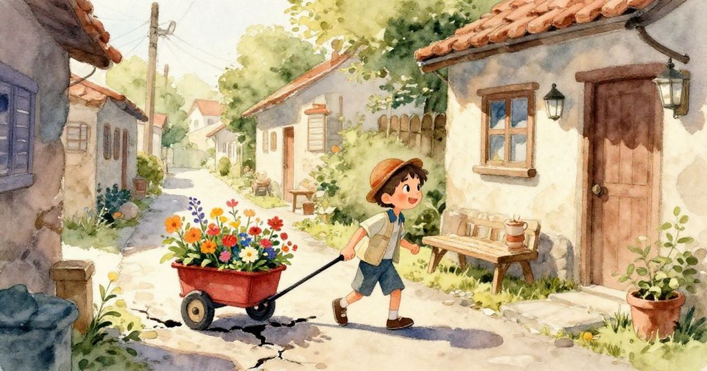 小石隨水花滑落觸碰石球，球輕撲熟睡貓咪激起連鎖反應，場景分割呈現童趣又驚奇的瞬間。