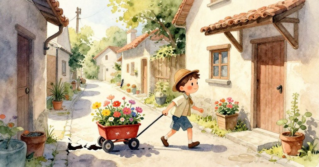 孩子們在庭院中歡快疊箱，貓咪追逐小球嬉戲，伴隨著一孩開啟花園門迎接樂奧送花，現場氣氛充滿喜悅。