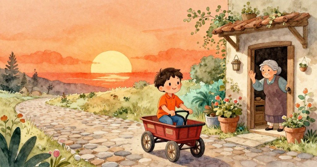 夕陽下，樂奧滿足微笑推著小車回程，老婦從庭院門口暖意揮手，整個街景呈現溫馨和諧的結局。