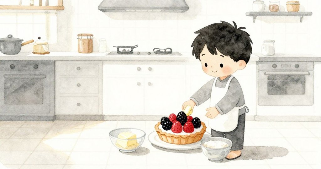 Ben在溫暖瓷磚廚房中準備烘焙，剪影顯現期待與計畫，光線灑落，氣氛充滿溫馨與希望。