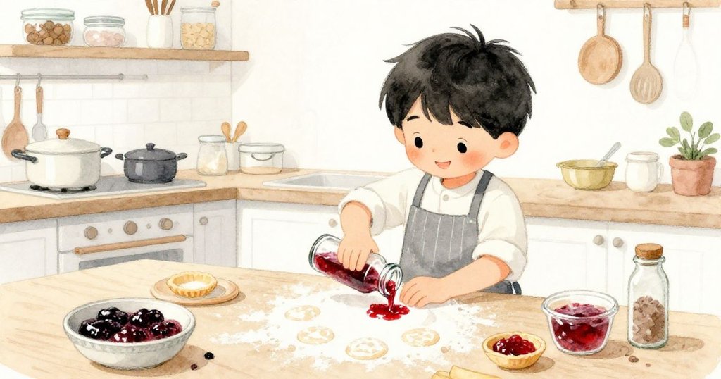 在混亂後的廚房台面上，Ben利用麵粉中圓形圖案靈感，用玻璃瓶壓印出酥皮圓形並填入豔麗果醬，充滿創意。