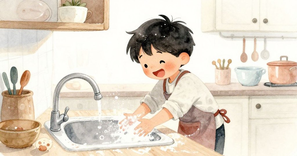 Ben在廚房中彎腰清理水槽上的麵粉痕跡，笑容燦爛，展現出平和與自在，柔和室內光線營造溫馨氣氛。