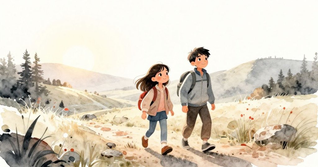 萊拉與馬爾科在晨光中出發，背著輕便背包走在鄉村小徑上，充滿期待與活力，背景呈現金色黎明。