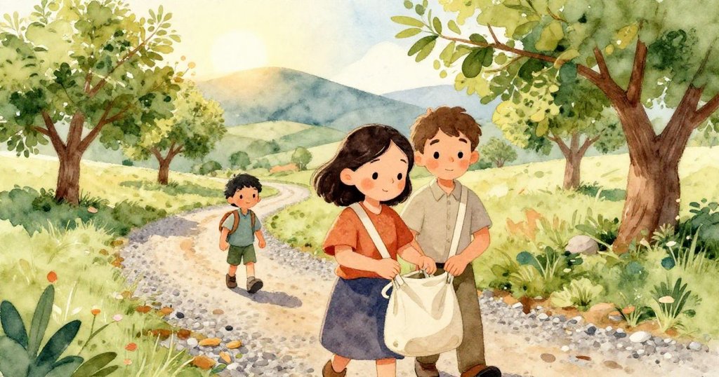 在鄉村小徑旁，一隻閃亮黑甲蟲在白卵石上緩行，細節精緻，展現大自然神秘與溫柔的晨光。