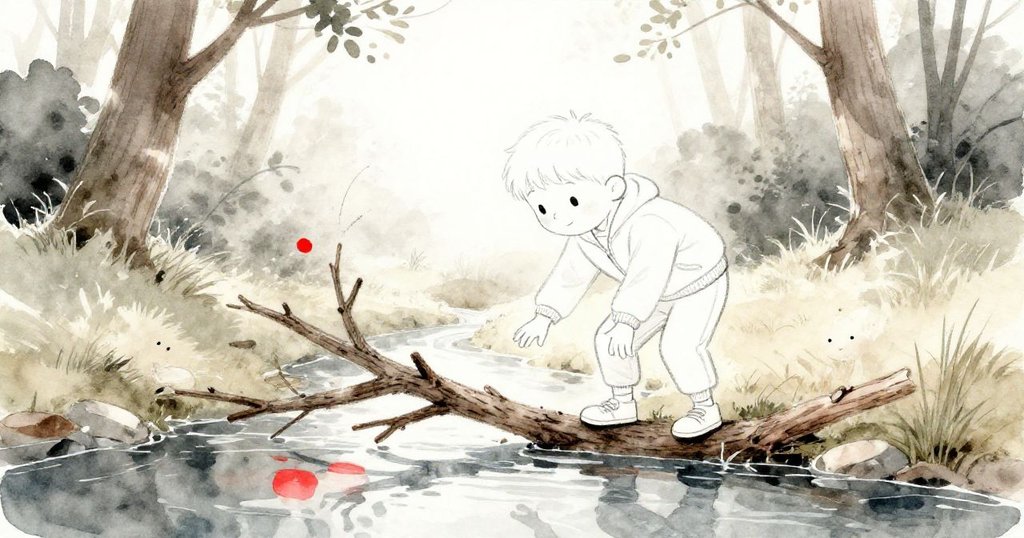 馬爾科在淺溪邊精準拋出樹枝，水面倒映著樹影與晨光，充滿動感與自然美景的瞬間。