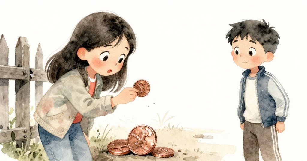 馬爾科在破舊柵欄旁發現一枚沾泥銅幣，萊拉驚奇注視，畫面展現緊張與期待的情緒轉折。