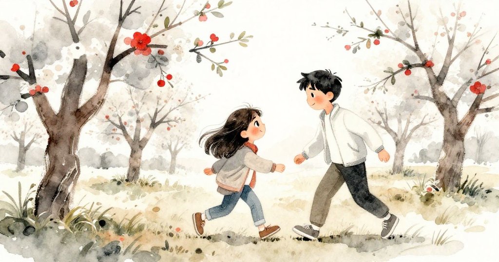 萊拉與馬爾科在果園邊齊心協力穿越障礙，臉上滿溢笑容與溫情，象徵成功與團聚的美好結局。